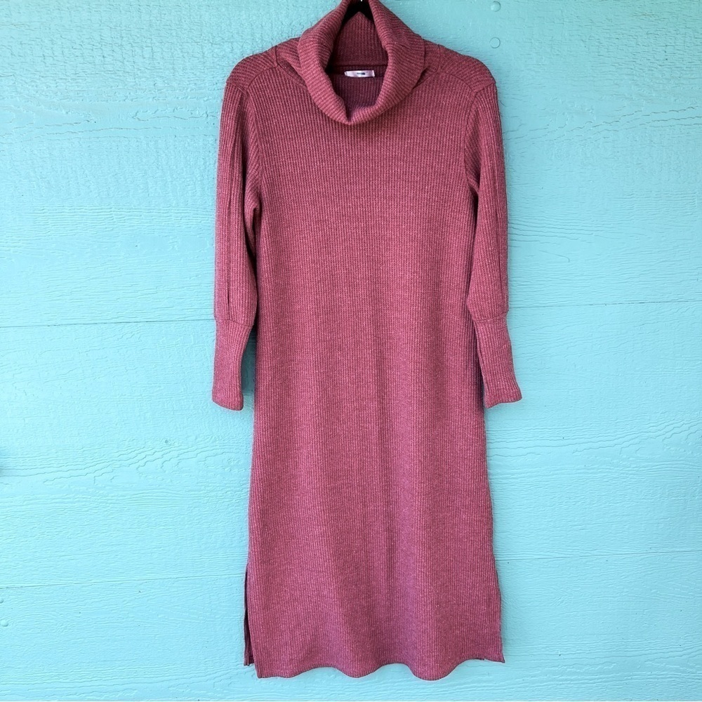 WAFFLE WEAVE WASHED ROSE TURTLENECK MAXI SWEATER DRESS COTTON BLEND SIZE SMALL